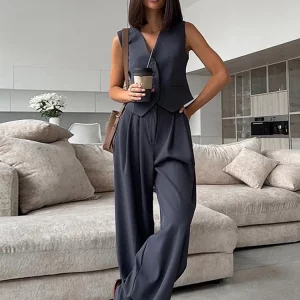 Fashion Women Blazer Wide Leg Pants Set V-neck Single Breasted Vest High Waist Trousers