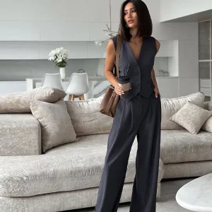 Fashion Women Blazer Wide Leg Pants Set V-neck Single Breasted Vest High Waist Trousers