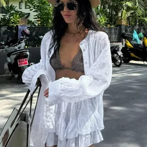 Fashion Women White Two-Piece Set: Long Sleeve Shirt & Shorts