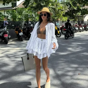 Fashion Women White Two-Piece Set: Long Sleeve Shirt & Shorts