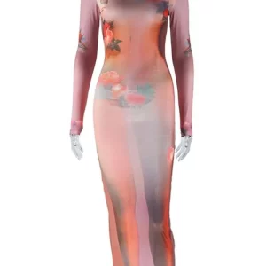 Floral 3D Print Maxi Dress Women O-Neck Long Sleeve Slim Robe - Spring Party Clubwear