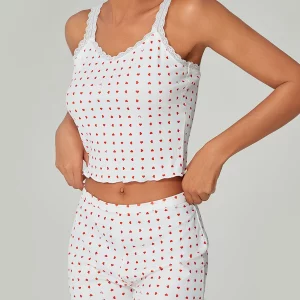 Floral Heart Print 2-Piece Pajama Set with Lace Straps