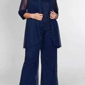 Floral Lace 3/4 Sleeve Plus Size Pant Suit Set for Women