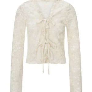 Floral Lace Cropped Cardigan: Sheer Tie-Front Chic