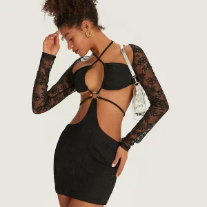 Floral Lace Cutout Halter Bodycon Club Dress