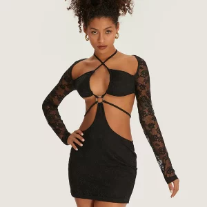 Floral Lace Cutout Halter Bodycon Club Dress