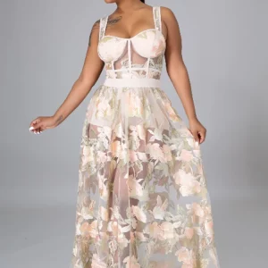 Floral Mesh A-Line Dress for Women: Elegant Plus Size Wedding Guest Cocktail Party Dress