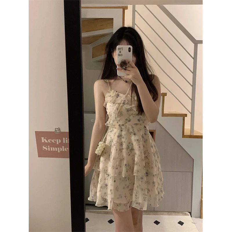 Floral Mini Dress Women Korean Ruffles Spaghetti Strap Vacation Beach Fashion