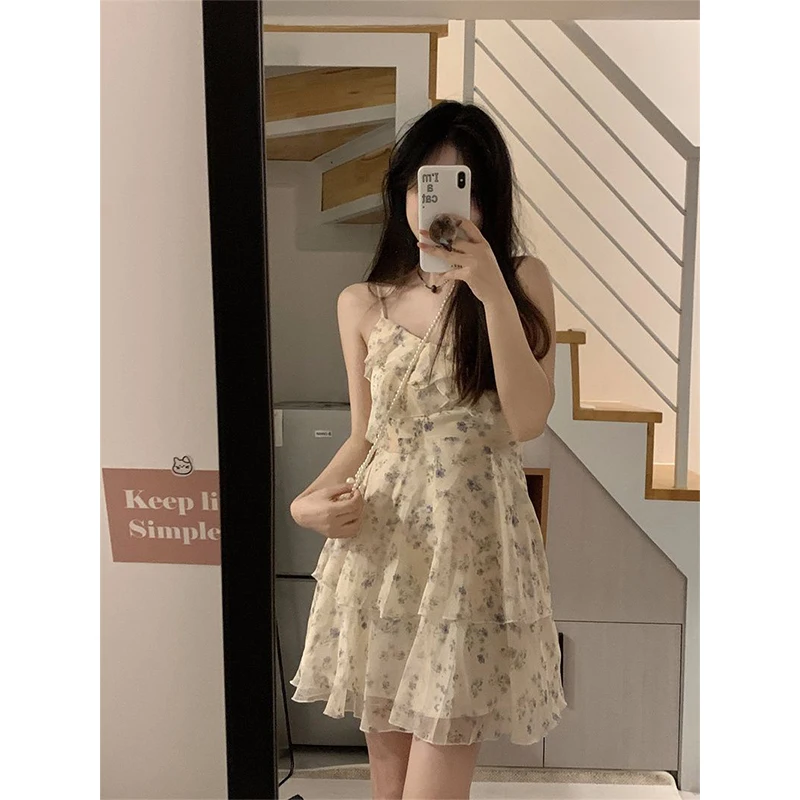 Floral Mini Dress Women Korean Ruffles Spaghetti Strap Vacation Beach Fashion