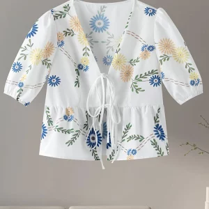 Floral Print Bow Lace-Up V-Neck Blouse | Short Puff Sleeve Women's Shirt | Casual Spring/