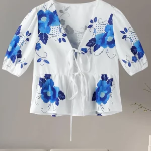 Floral Print Bow Lace-Up V-Neck Blouse | Short Puff Sleeve Women's Shirt | Casual Spring/