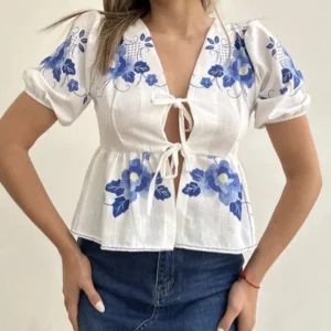 Floral Print Bow Lace-Up V-Neck Blouse | Short Puff Sleeve Women's Shirt | Casual Spring/