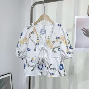 Floral Print Bow Lace-Up Women's Blouse | V-Neck Short Puff Sleeve Shirt | 2024