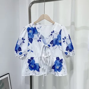 Floral Print Bow Lace-Up Women's Blouse | V-Neck Short Puff Sleeve Shirt | 2024