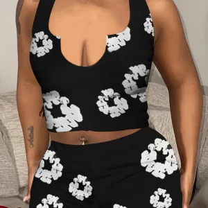 Floral Print Cami Shorts Set for Women | Y2K Two-Piece Outfit with Crop Top and High Waist Shorts