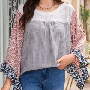 Floral Print Color Block Plus Size Women's Casual Top