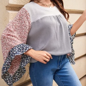 Floral Print Color Block Plus Size Women's Casual Top