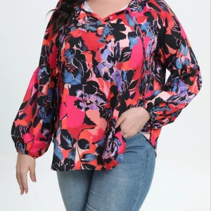 Floral Print Lantern Sleeve Plus Size V-Neck Top