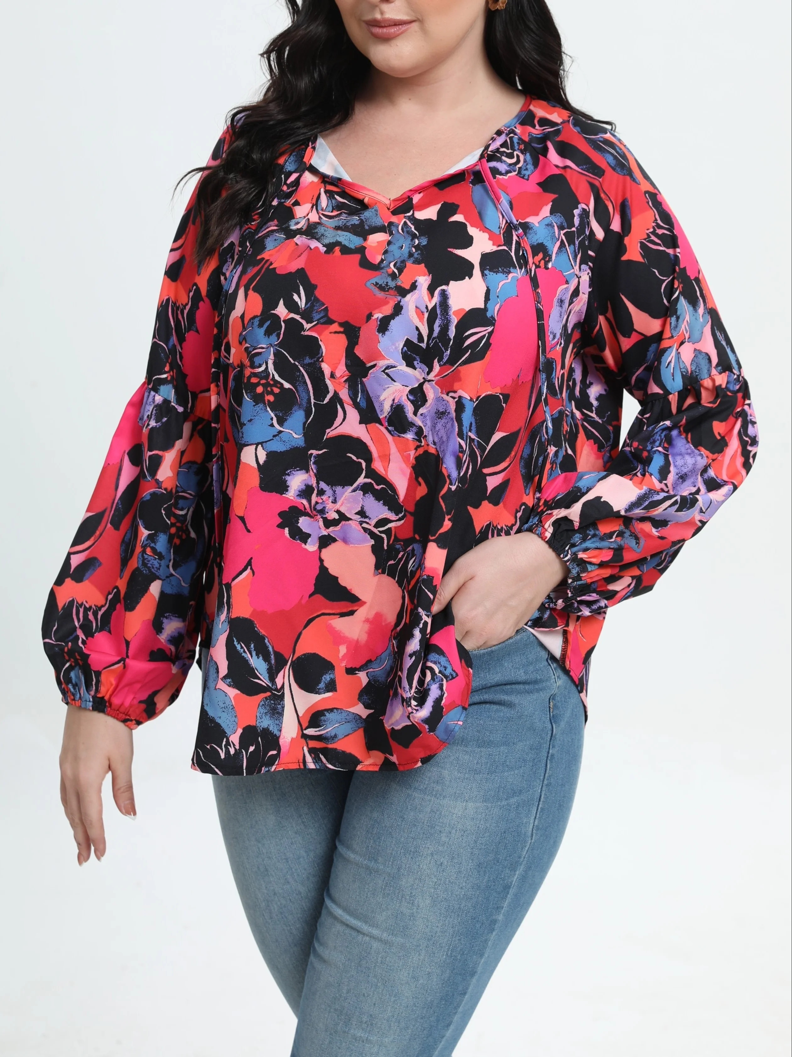 Floral Print Lantern Sleeve Plus Size V-Neck Top