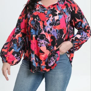 Floral Print Lantern Sleeve Plus Size V-Neck Top