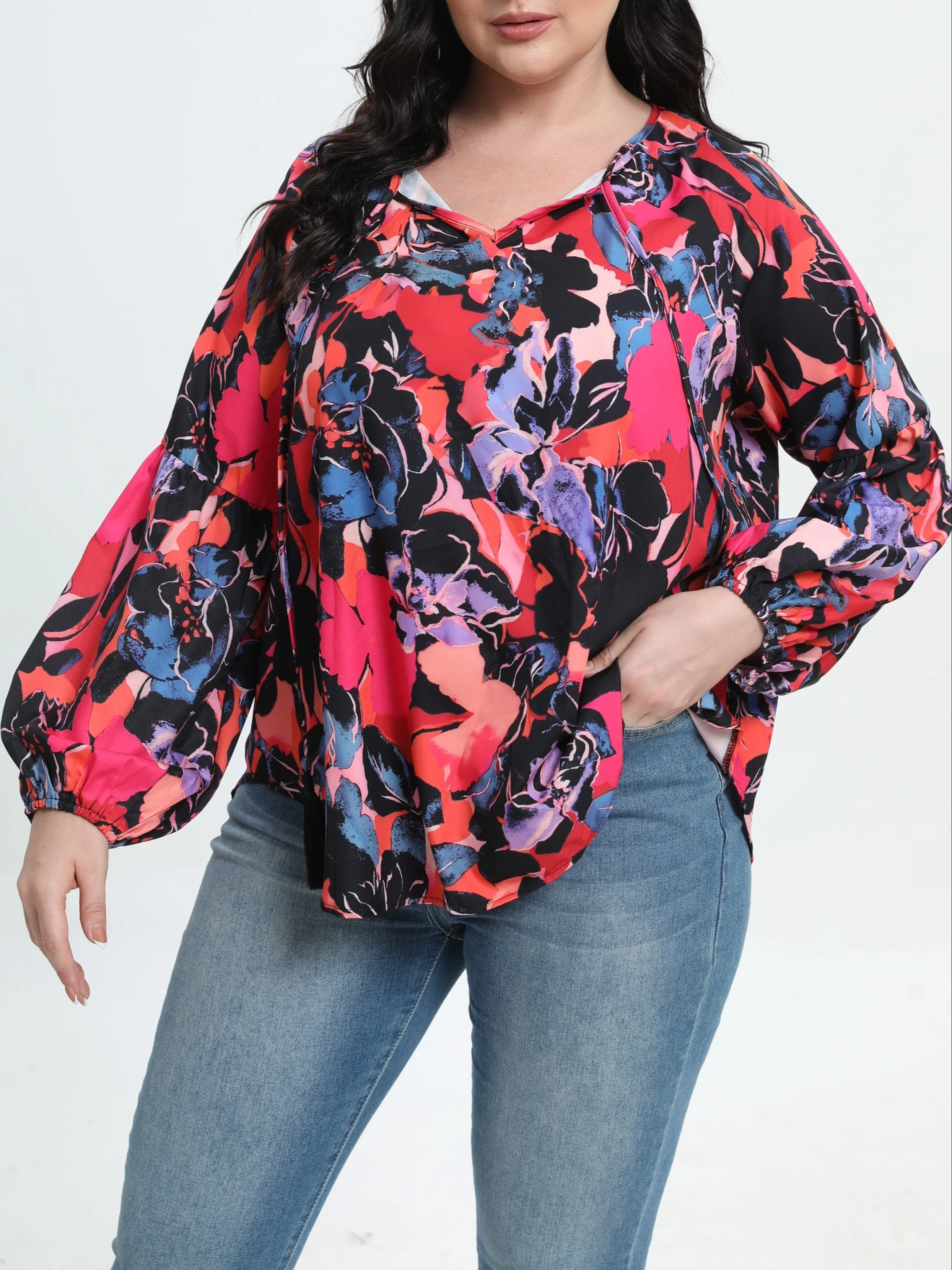 Floral Print Lantern Sleeve Plus Size V-Neck Top