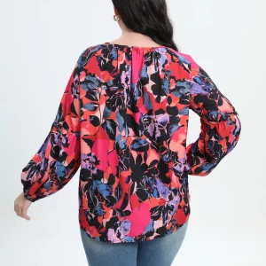 Floral Print Lantern Sleeve Plus Size V-Neck Top