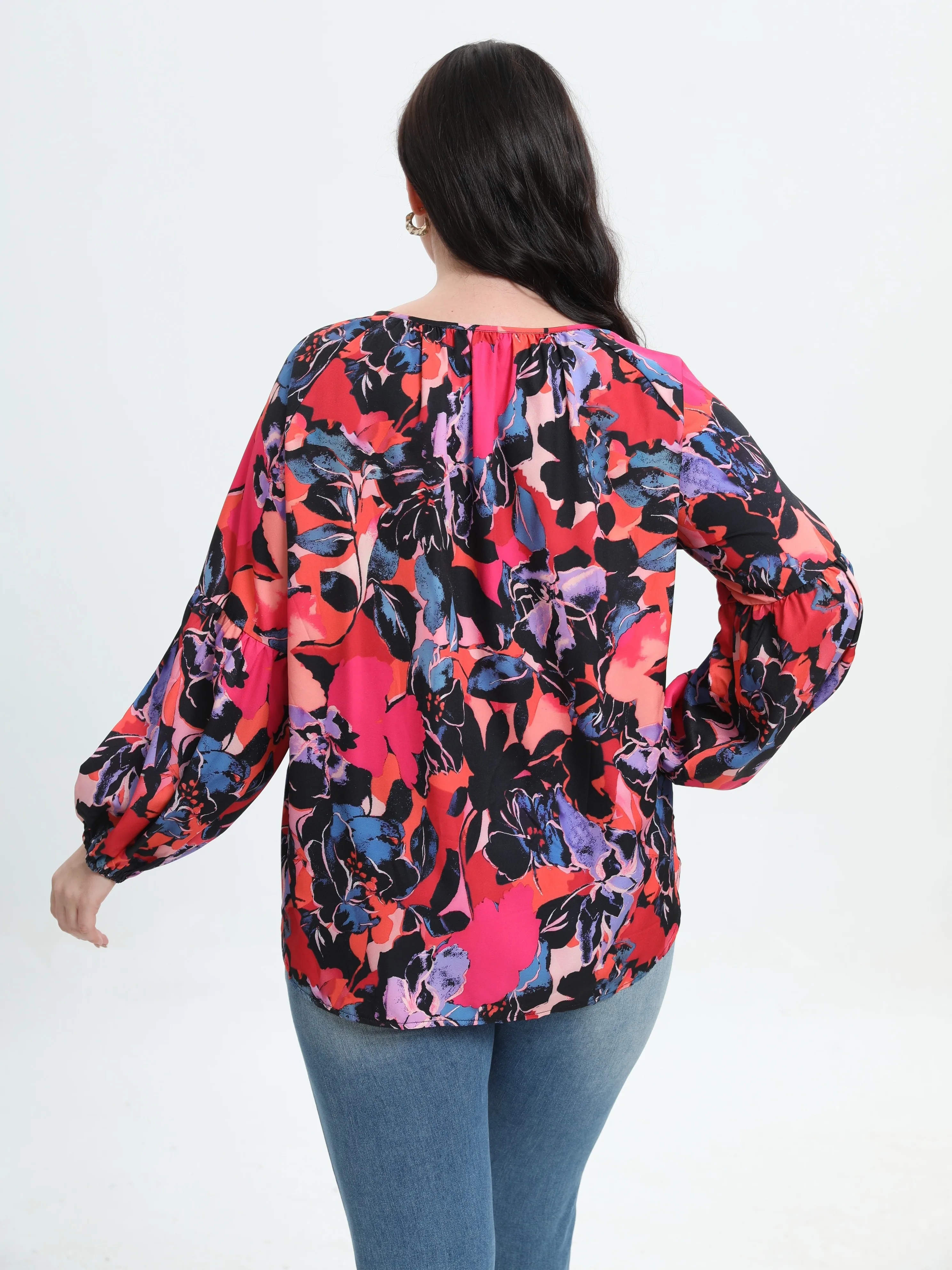 Floral Print Lantern Sleeve Plus Size V-Neck Top