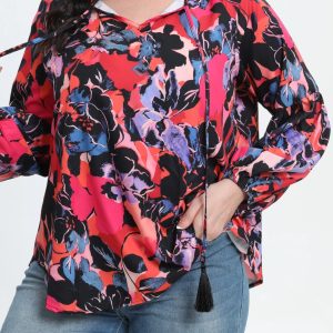 Floral Print Lantern Sleeve Plus Size V-Neck Top