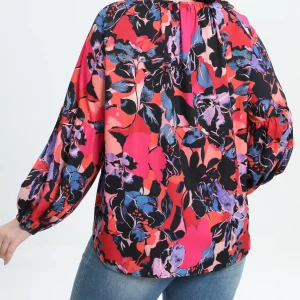 Floral Print Lantern Sleeve Plus Size V-Neck Top