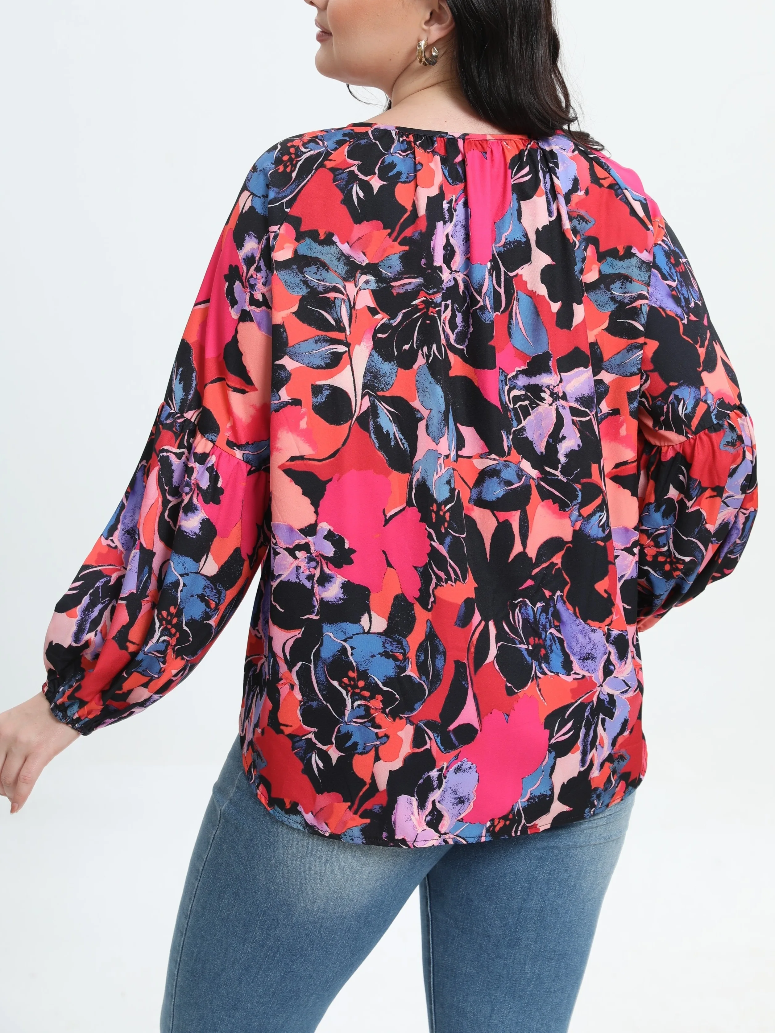 Floral Print Lantern Sleeve Plus Size V-Neck Top