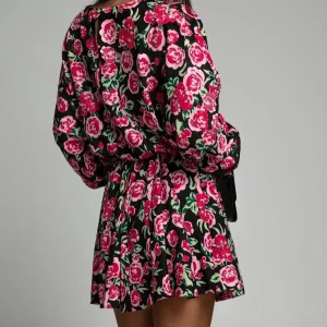 Floral Print Long Sleeve Round Neck Tie Waist Dress