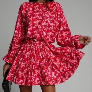 Floral Print Long Sleeve Round Neck Tie Waist Dress