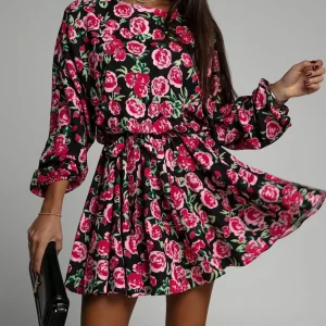 Floral Print Long Sleeve Round Neck Tie Waist Dress