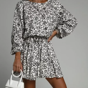 Floral Print Long Sleeve Round Neck Tie Waist Dress