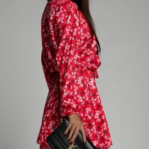 Floral Print Long Sleeve Round Neck Tie Waist Dress