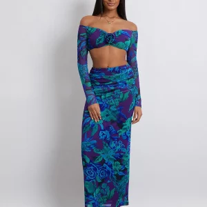 Floral Print Off-Shoulder Crop Top with High Waist Skirt