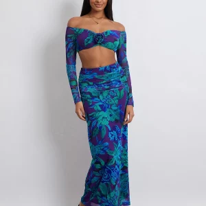 Floral Print Off-Shoulder Crop Top with High Waist Skirt