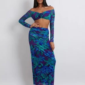 Floral Print Off-Shoulder Crop Top with High Waist Skirt