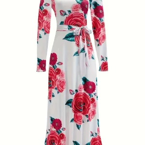 Floral Print Plus Size Maxi Dress with Belt, Sexy Spring Summer Sweatshirt Style