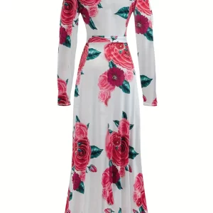 Floral Print Plus Size Maxi Dress with Belt, Sexy Spring Summer Sweatshirt Style