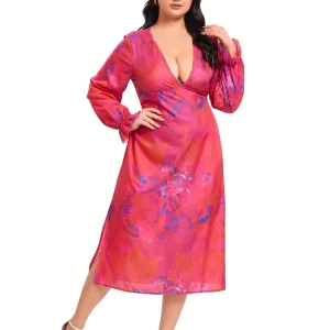 Floral Print Plus Size Maxi Dress with V-Neck and Side Split