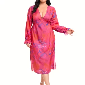 Floral Print Plus Size Maxi Dress with V-Neck and Side Split