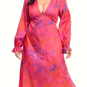 Floral Print Plus Size Maxi Dress with V-Neck and Side Split