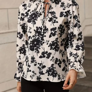 Floral Print Plus Size Women's Tie Neck Blouse