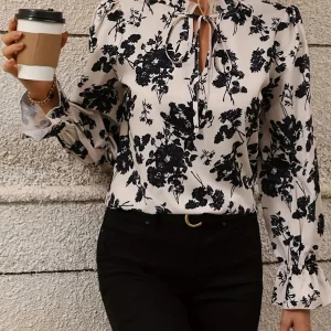 Floral Print Plus Size Women's Tie Neck Blouse