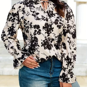 Floral Print Plus Size Women's Tie Neck Blouse