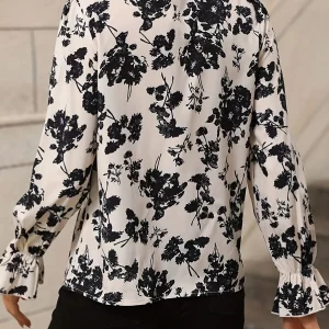 Floral Print Plus Size Women's Tie Neck Blouse