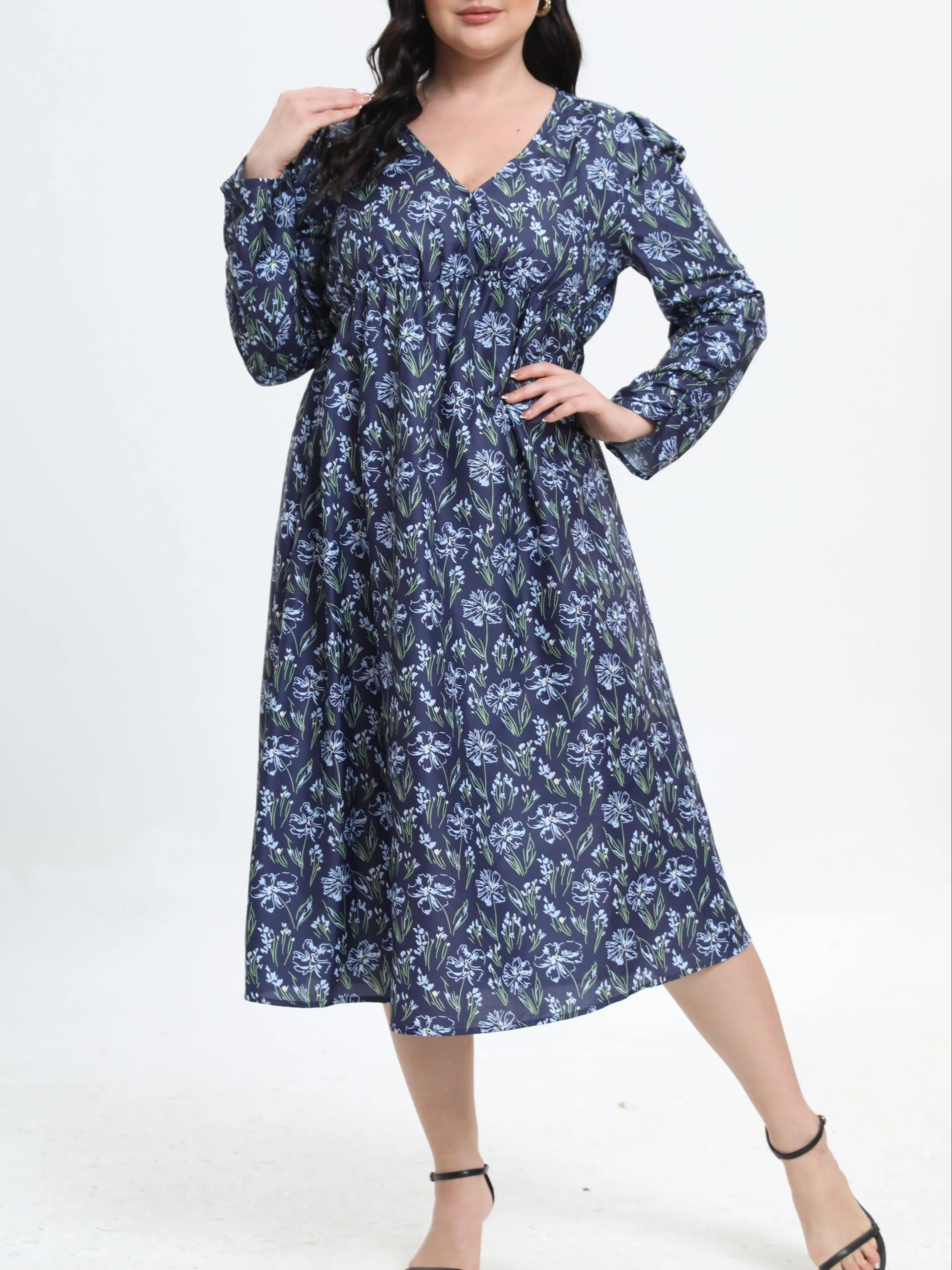 Floral Print Plus Size Women's V-Neck Midi Dress