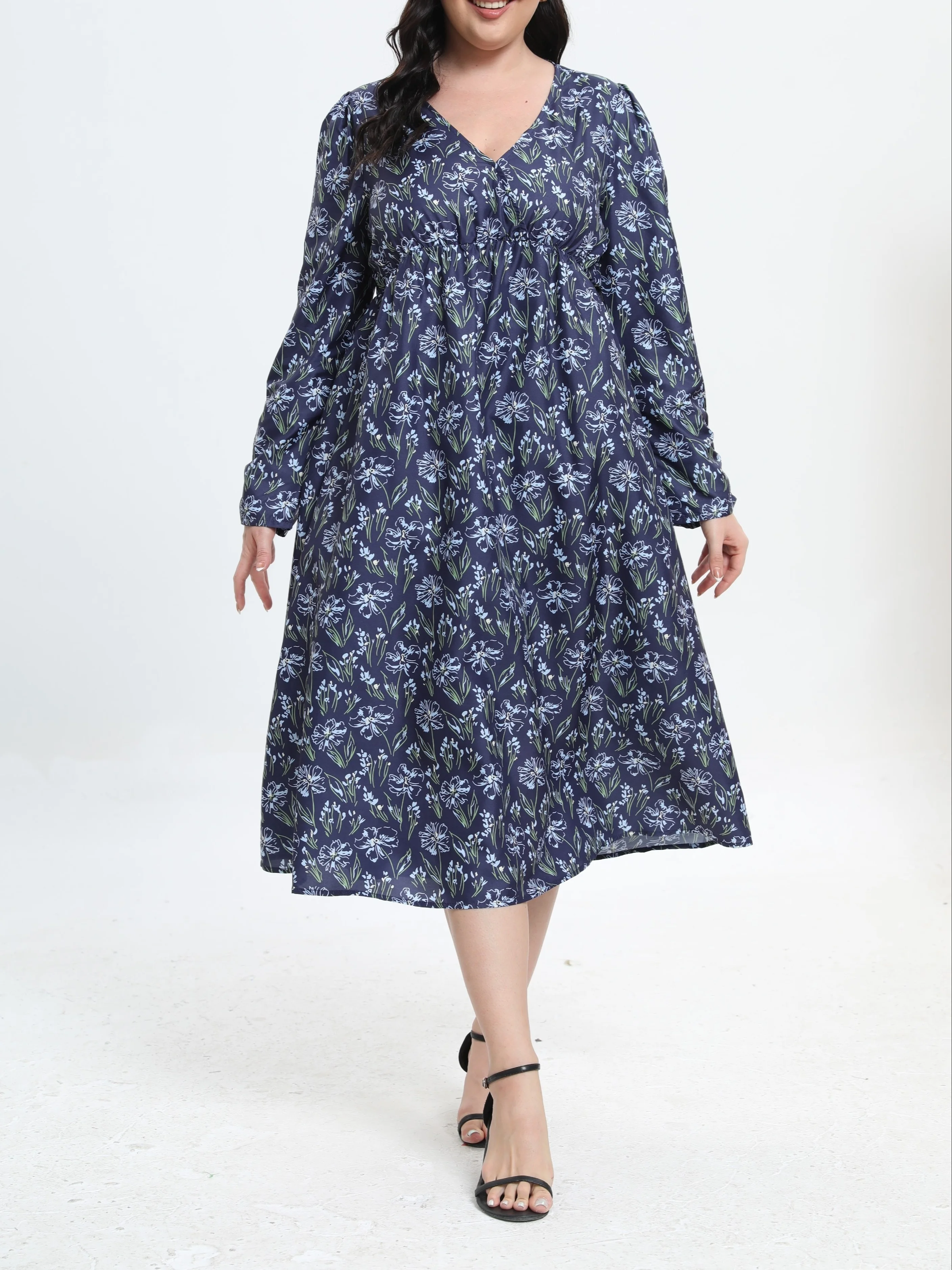 Floral Print Plus Size Women's V-Neck Midi Dress