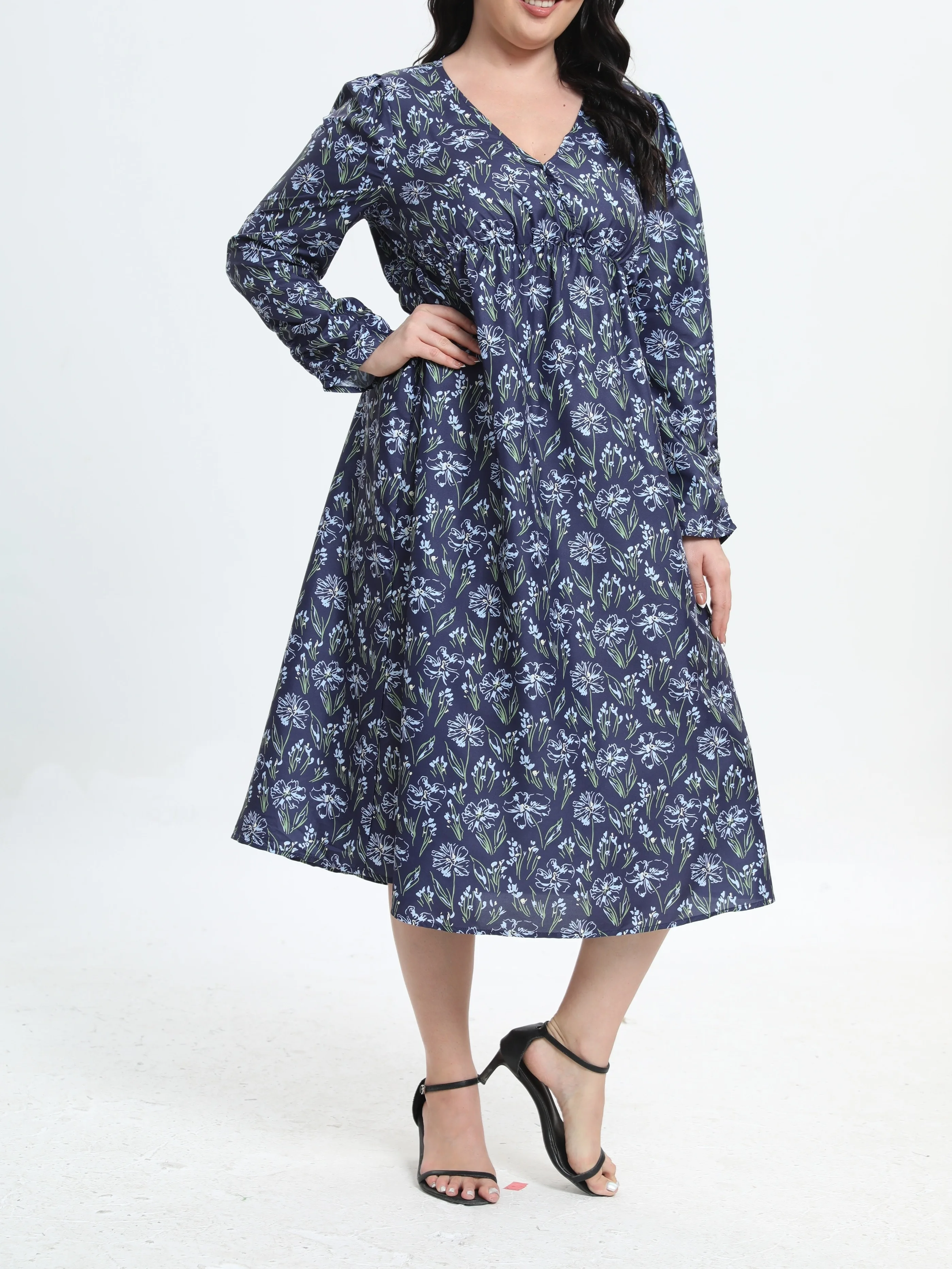 Floral Print Plus Size Women's V-Neck Midi Dress